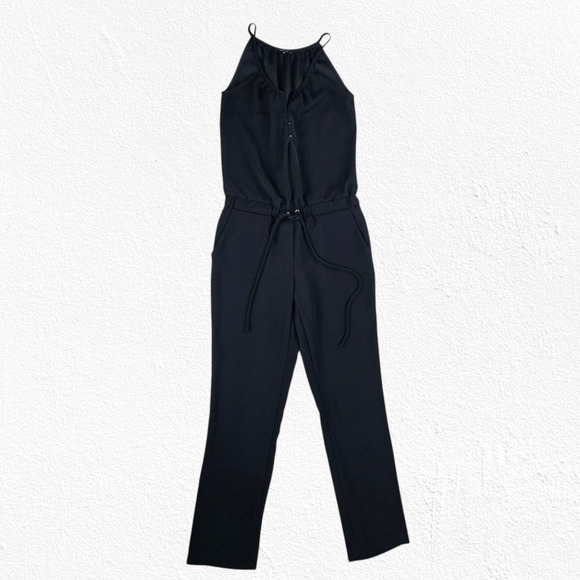Drew Black V Neck Drawstring Waist Jumpsuit Spaghetti Strap Pockets Size Small - Picture 2 of 9